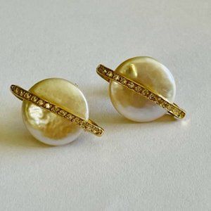 18k Yvel Biwa Coin Pearl & Diamond Stud Earrings